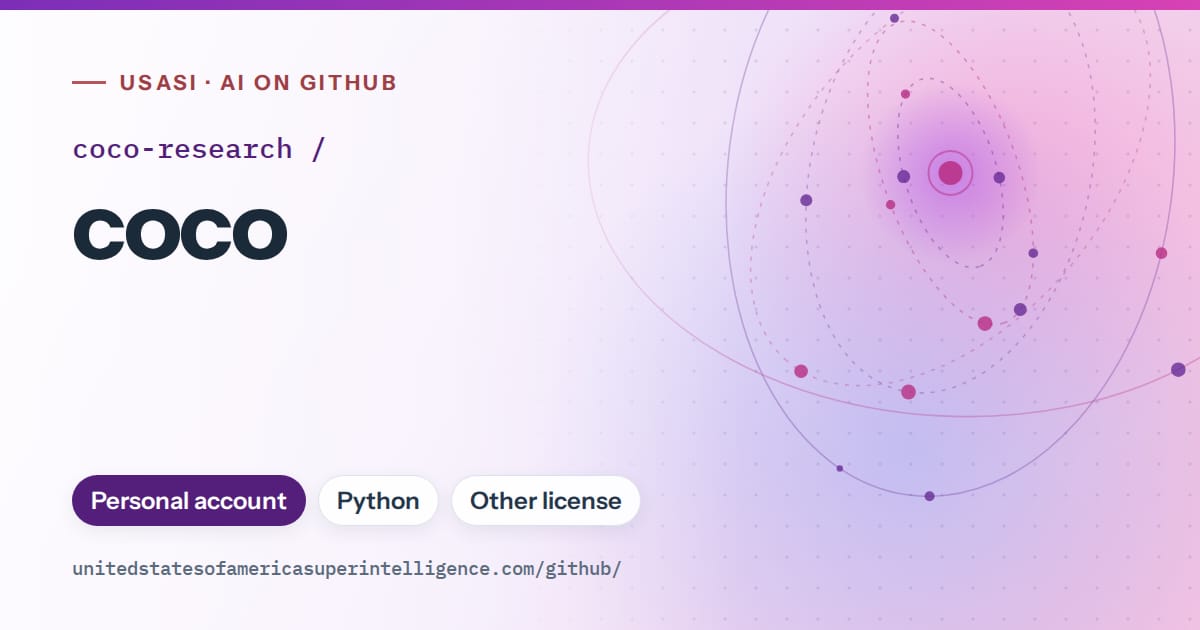 Generated violet orbit artwork for coco-research/coco, labeled USASI · AI on GitHub, with Personal account · Python · Other license.