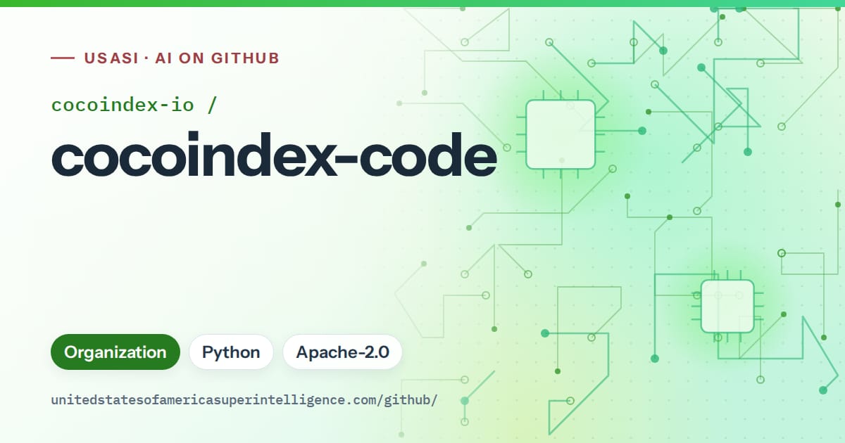 Generated green circuit-trace artwork for cocoindex-io/cocoindex-code, labeled USASI · AI on GitHub, with Organization · Python · Apache-2.0.