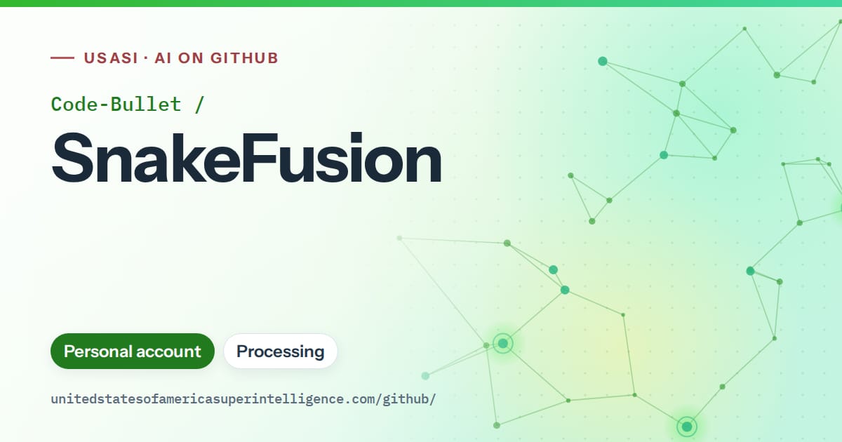 Generated green constellation network artwork for Code-Bullet/SnakeFusion, labeled USASI · AI on GitHub, with Personal account · Processing.