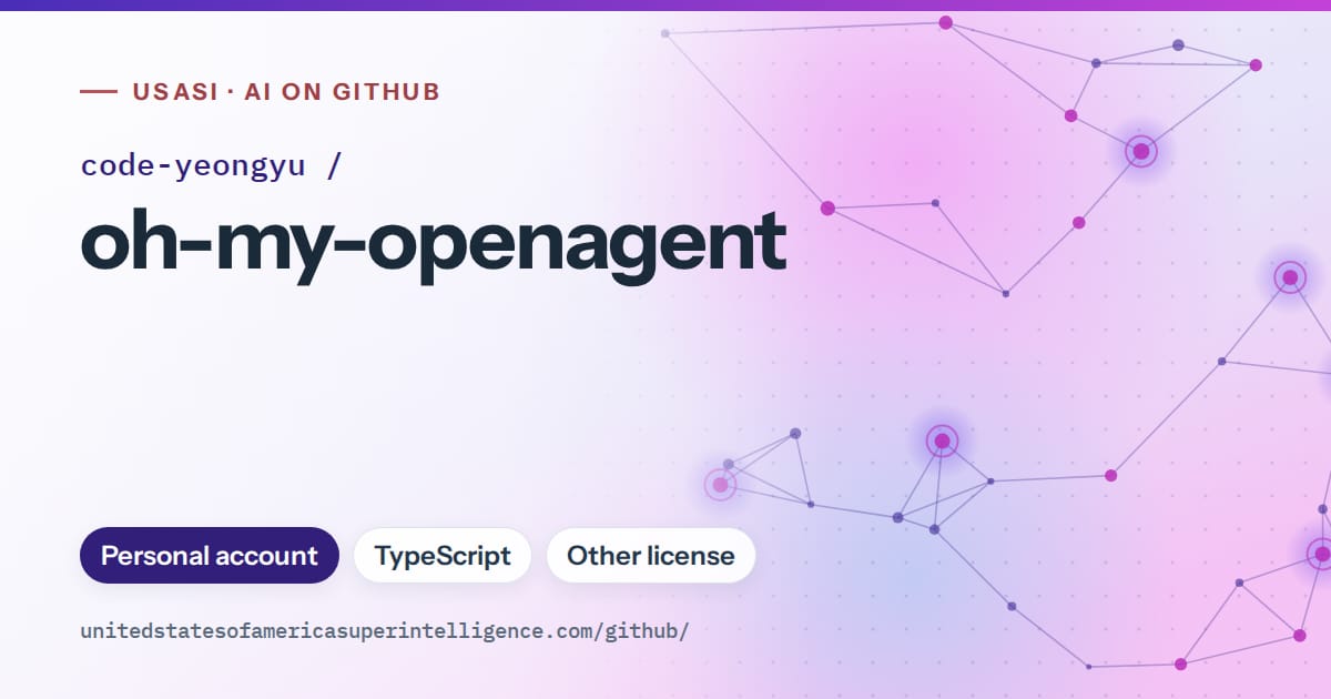 Generated violet constellation network artwork for code-yeongyu/oh-my-openagent, labeled USASI · AI on GitHub, with Personal account · TypeScript · Other license.