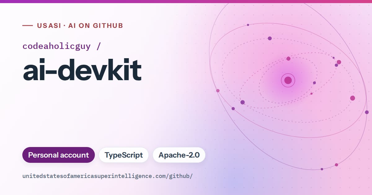 Generated purple orbit artwork for codeaholicguy/ai-devkit, labeled USASI · AI on GitHub, with Personal account · TypeScript · Apache-2.0.