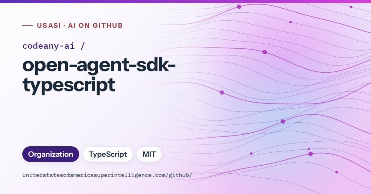Generated violet flowing-wave artwork for codeany-ai/open-agent-sdk-typescript, labeled USASI · AI on GitHub, with Organization · TypeScript · MIT.