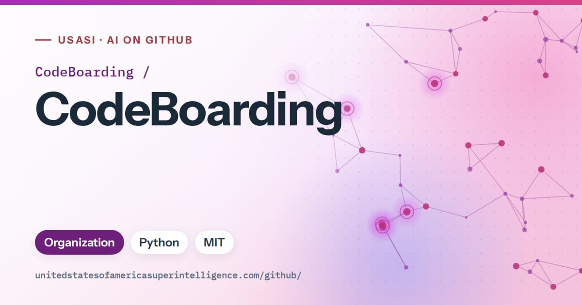 Generated purple constellation network artwork for CodeBoarding/CodeBoarding, labeled USASI · AI on GitHub, with Organization · Python · MIT.