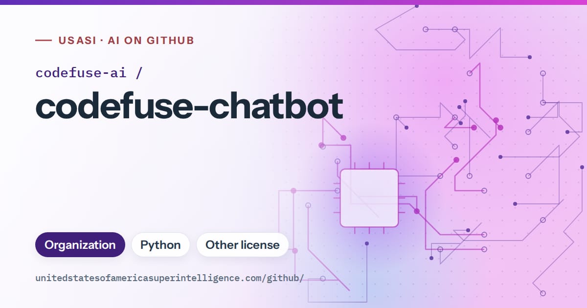 Generated violet circuit-trace artwork for codefuse-ai/codefuse-chatbot, labeled USASI · AI on GitHub, with Organization · Python · Other license.