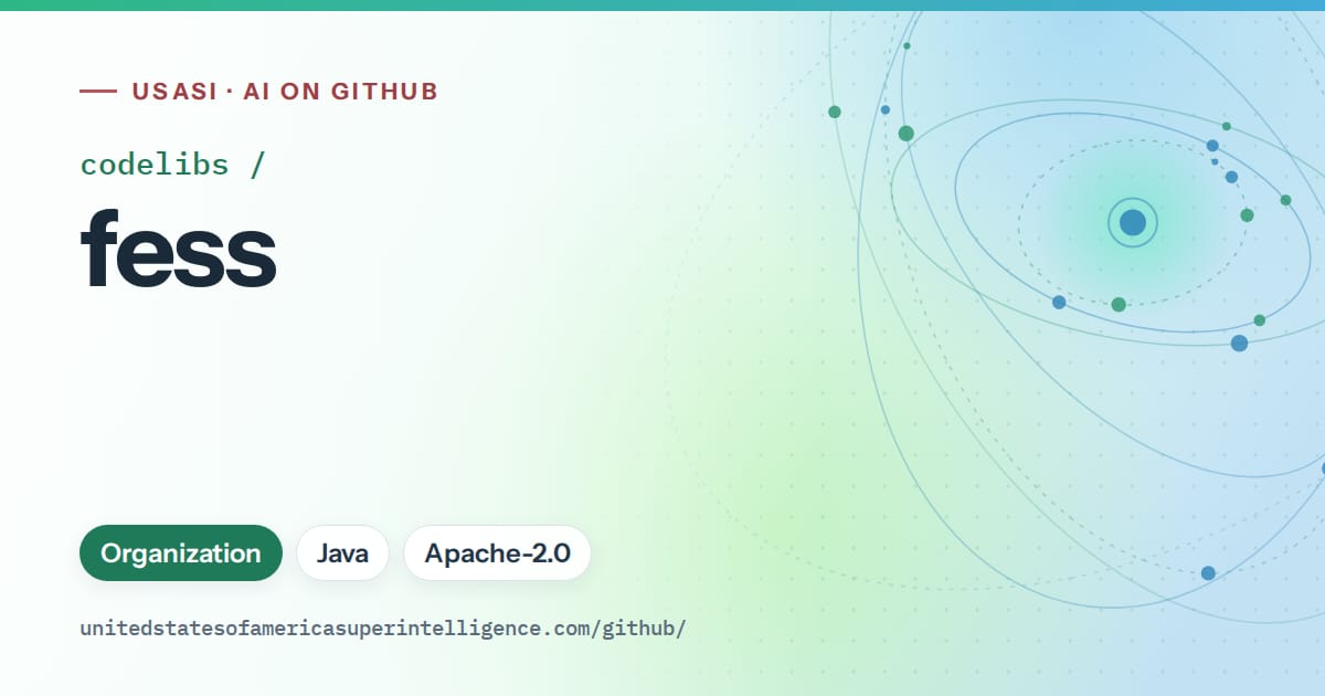 Generated teal orbit artwork for codelibs/fess, labeled USASI · AI on GitHub, with Organization · Java · Apache-2.0.