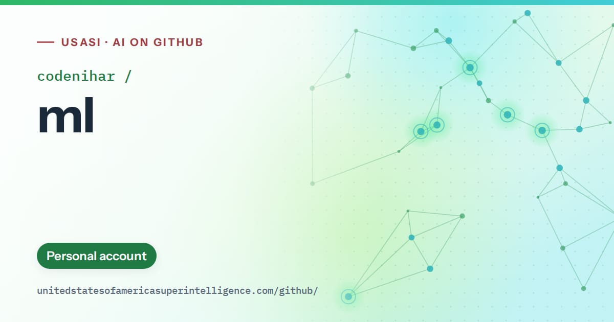 Generated green constellation network artwork for codenihar/ml, labeled USASI · AI on GitHub, with Personal account.