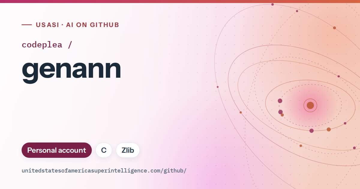 Generated pink orbit artwork for codeplea/genann, labeled USASI · AI on GitHub, with Personal account · C · Zlib.