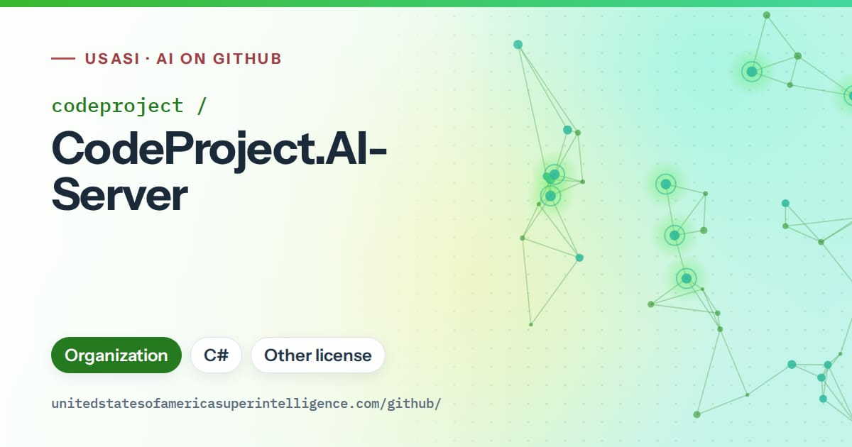 Generated green constellation network artwork for codeproject/CodeProject.AI-Server, labeled USASI · AI on GitHub, with Organization · C# · Other license.