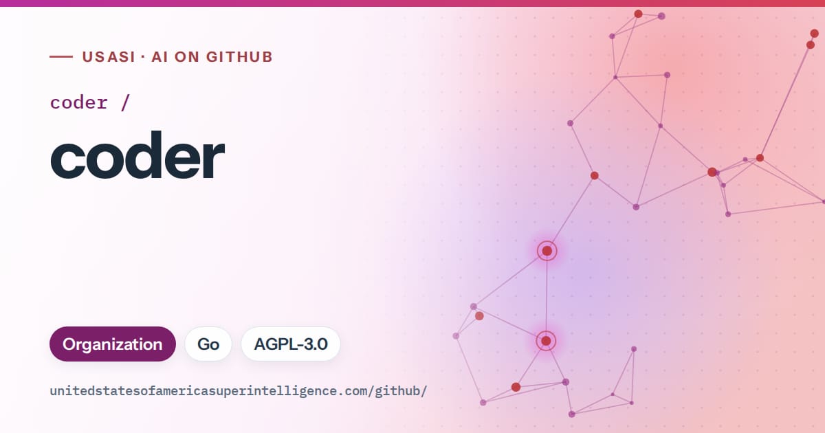 Generated purple constellation network artwork for coder/coder, labeled USASI · AI on GitHub, with Organization · Go · AGPL-3.0.
