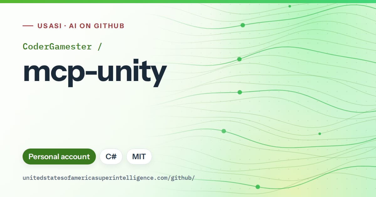Generated green flowing-wave artwork for CoderGamester/mcp-unity, labeled USASI · AI on GitHub, with Personal account · C# · MIT.
