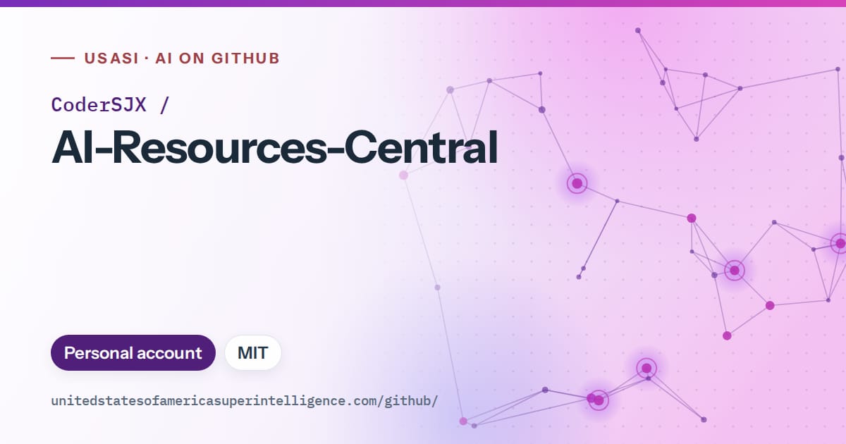 Generated violet constellation network artwork for CoderSJX/AI-Resources-Central, labeled USASI · AI on GitHub, with Personal account · MIT.