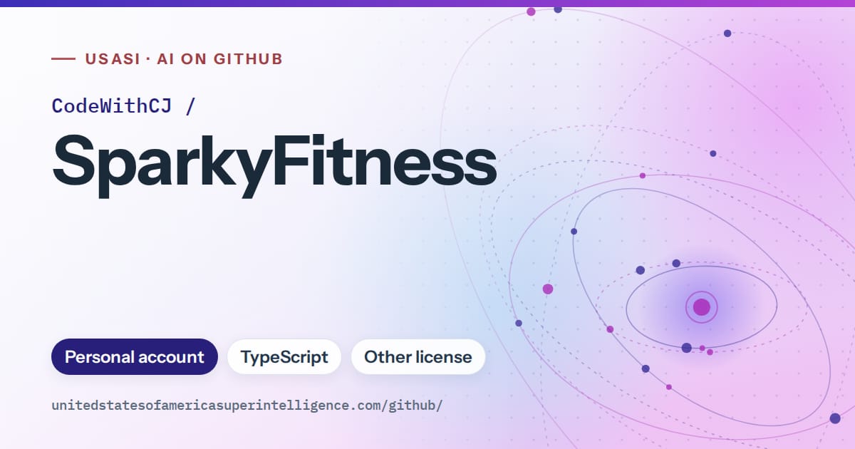 Generated blue orbit artwork for CodeWithCJ/SparkyFitness, labeled USASI · AI on GitHub, with Personal account · TypeScript · Other license.