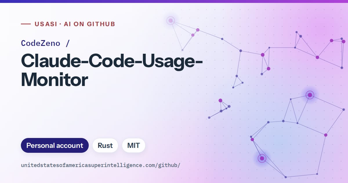 Generated blue constellation network artwork for CodeZeno/Claude-Code-Usage-Monitor, labeled USASI · AI on GitHub, with Personal account · Rust · MIT.