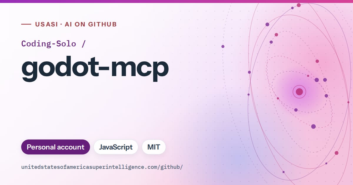 Generated purple orbit artwork for Coding-Solo/godot-mcp, labeled USASI · AI on GitHub, with Personal account · JavaScript · MIT.