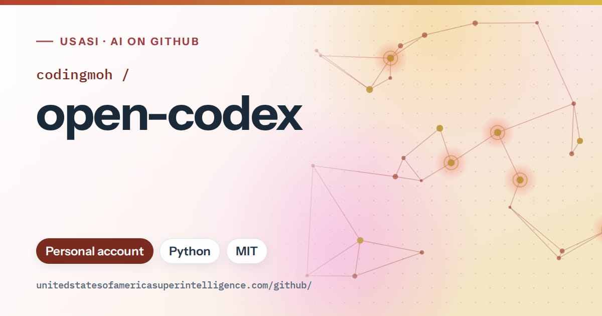 Generated red constellation network artwork for codingmoh/open-codex, labeled USASI · AI on GitHub, with Personal account · Python · MIT.