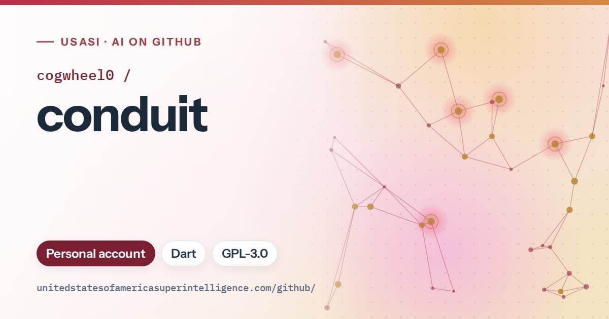 Generated red constellation network artwork for cogwheel0/conduit, labeled USASI · AI on GitHub, with Personal account · Dart · GPL-3.0.