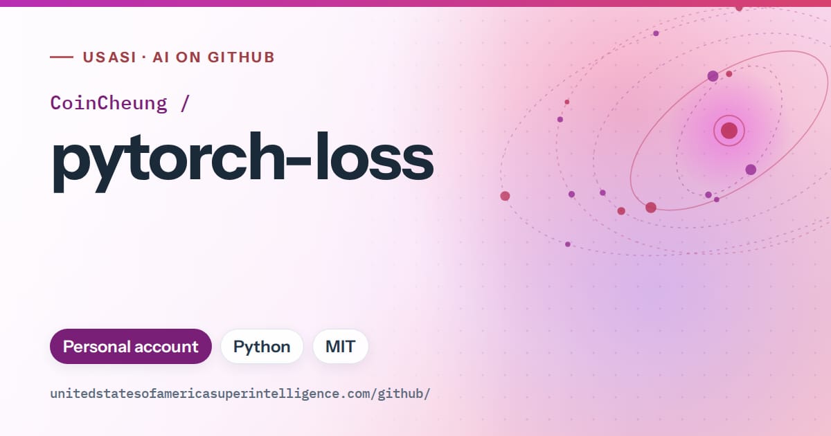 Generated purple orbit artwork for CoinCheung/pytorch-loss, labeled USASI · AI on GitHub, with Personal account · Python · MIT.