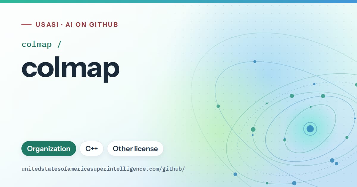 Generated teal orbit artwork for colmap/colmap, labeled USASI · AI on GitHub, with Organization · C++ · Other license.