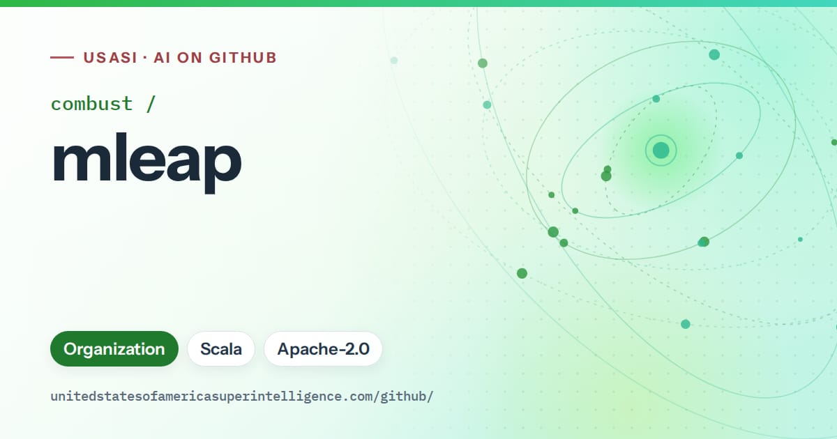 Generated green orbit artwork for combust/mleap, labeled USASI · AI on GitHub, with Organization · Scala · Apache-2.0.