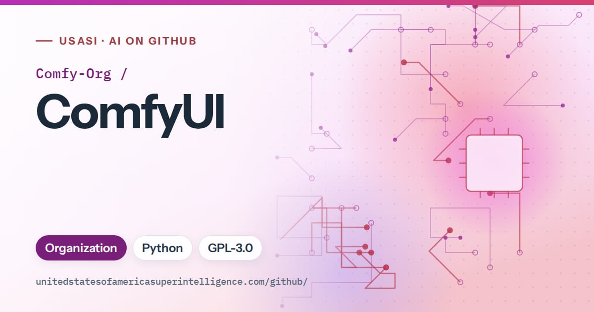 Generated purple circuit-trace artwork for Comfy-Org/ComfyUI, labeled USASI · AI on GitHub, with Organization · Python · GPL-3.0.