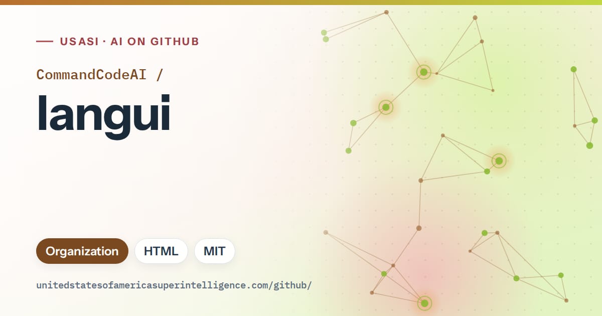 Generated orange constellation network artwork for CommandCodeAI/langui, labeled USASI · AI on GitHub, with Organization · HTML · MIT.