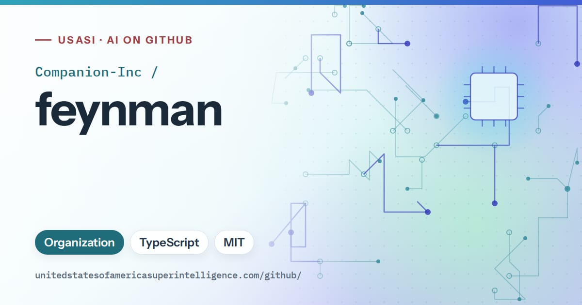 Generated teal circuit-trace artwork for Companion-Inc/feynman, labeled USASI · AI on GitHub, with Organization · TypeScript · MIT.