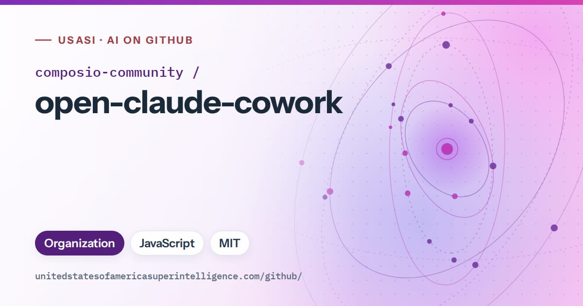 Generated violet orbit artwork for composio-community/open-claude-cowork, labeled USASI · AI on GitHub, with Organization · JavaScript · MIT.