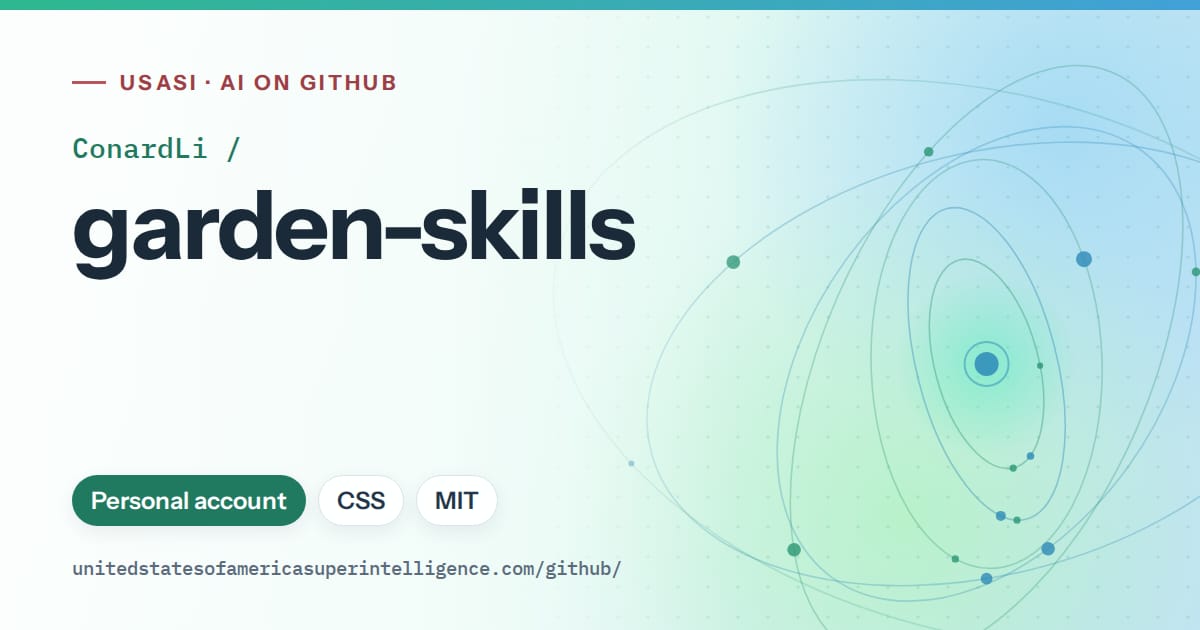 Generated teal orbit artwork for ConardLi/garden-skills, labeled USASI · AI on GitHub, with Personal account · CSS · MIT.