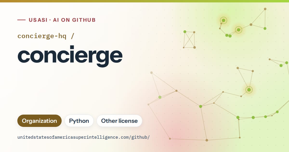 Generated orange constellation network artwork for concierge-hq/concierge, labeled USASI · AI on GitHub, with Organization · Python · Other license.