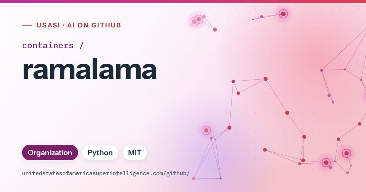 Generated purple constellation network artwork for containers/ramalama, labeled USASI · AI on GitHub, with Organization · Python · MIT.