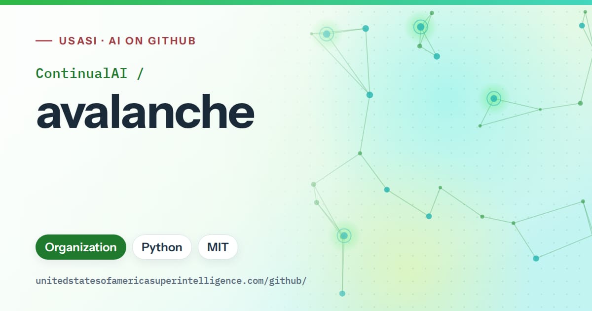 Generated green constellation network artwork for ContinualAI/avalanche, labeled USASI · AI on GitHub, with Organization · Python · MIT.