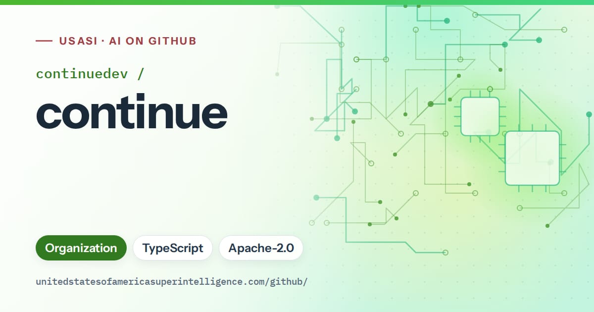 Generated green circuit-trace artwork for continuedev/continue, labeled USASI · AI on GitHub, with Organization · TypeScript · Apache-2.0.