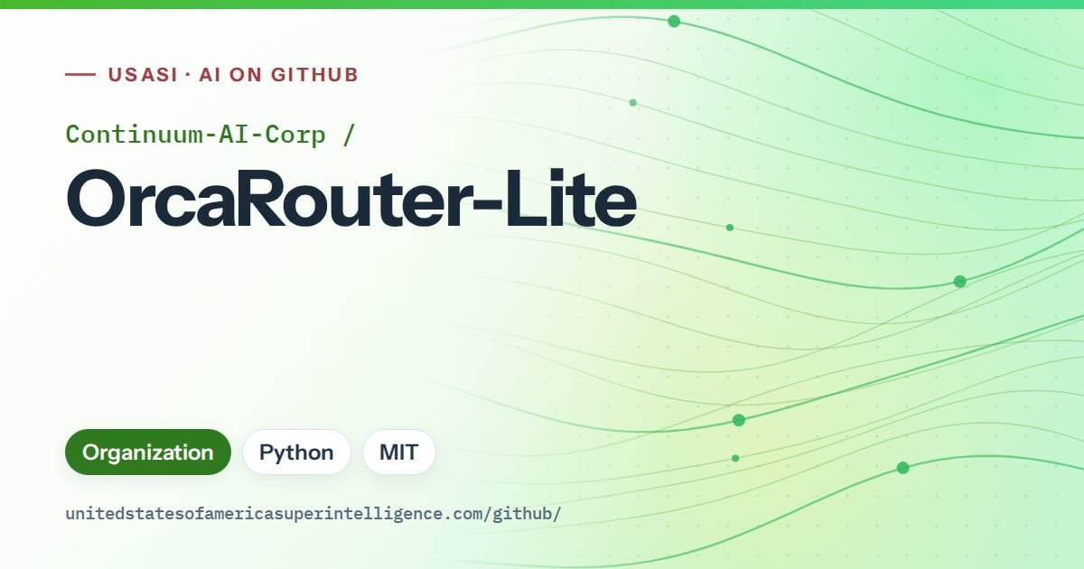 Generated green flowing-wave artwork for Continuum-AI-Corp/OrcaRouter-Lite, labeled USASI · AI on GitHub, with Organization · Python · MIT.