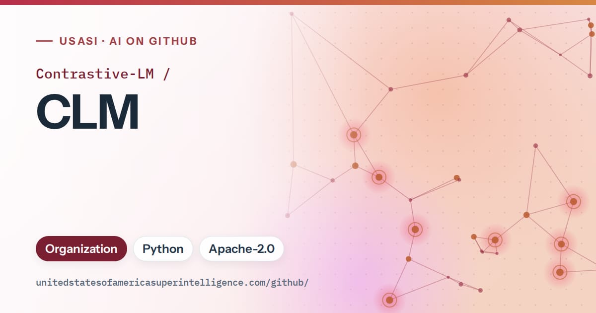 Generated red constellation network artwork for Contrastive-LM/CLM, labeled USASI · AI on GitHub, with Organization · Python · Apache-2.0.