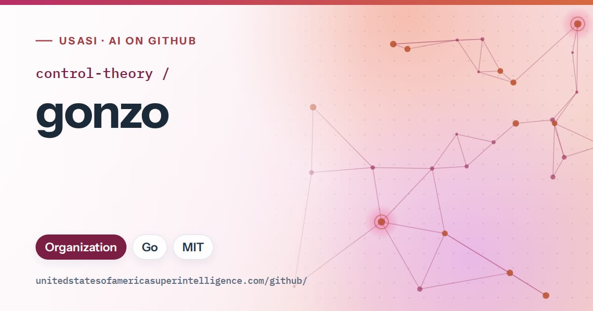 Generated pink constellation network artwork for control-theory/gonzo, labeled USASI · AI on GitHub, with Organization · Go · MIT.