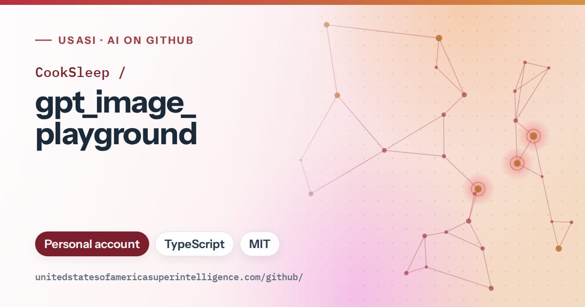 Generated red constellation network artwork for CookSleep/gpt_image_playground, labeled USASI · AI on GitHub, with Personal account · TypeScript · MIT.