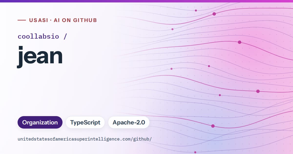 Generated violet flowing-wave artwork for coollabsio/jean, labeled USASI · AI on GitHub, with Organization · TypeScript · Apache-2.0.