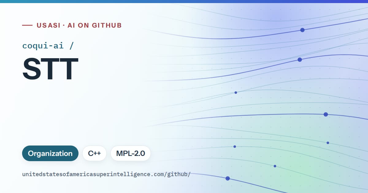Generated sky blue flowing-wave artwork for coqui-ai/STT, labeled USASI · AI on GitHub, with Organization · C++ · MPL-2.0.