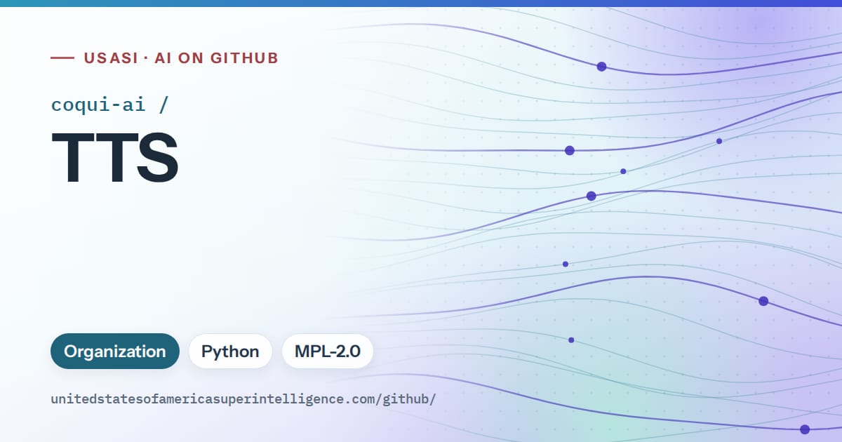 Generated sky blue flowing-wave artwork for coqui-ai/TTS, labeled USASI · AI on GitHub, with Organization · Python · MPL-2.0.