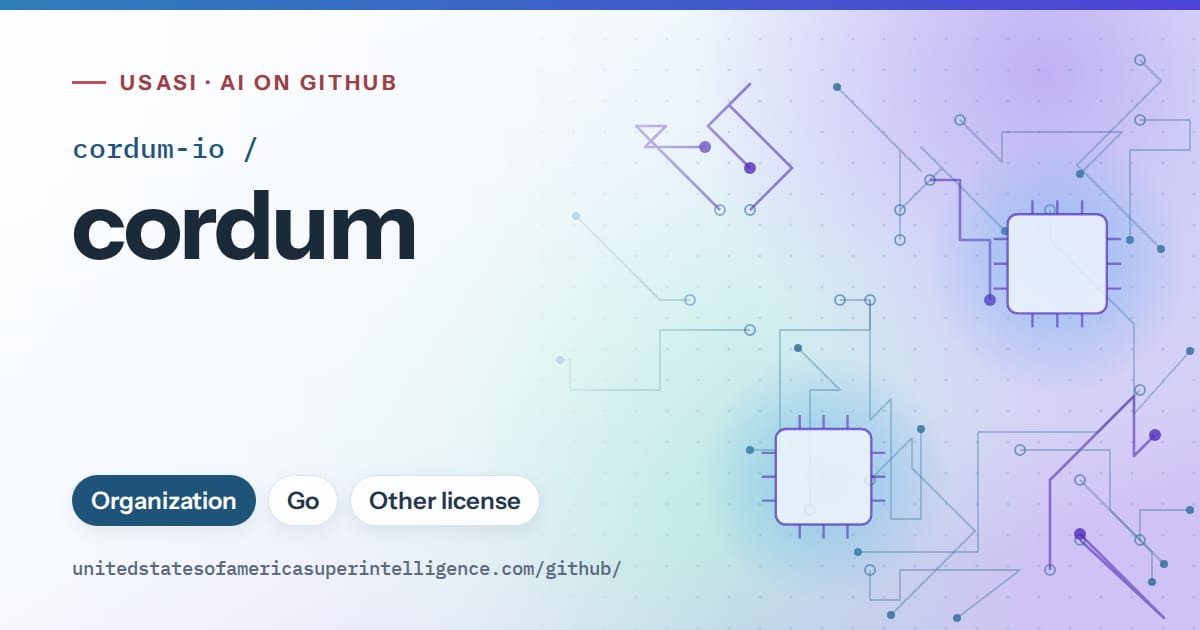 Generated sky blue circuit-trace artwork for cordum-io/cordum, labeled USASI · AI on GitHub, with Organization · Go · Other license.