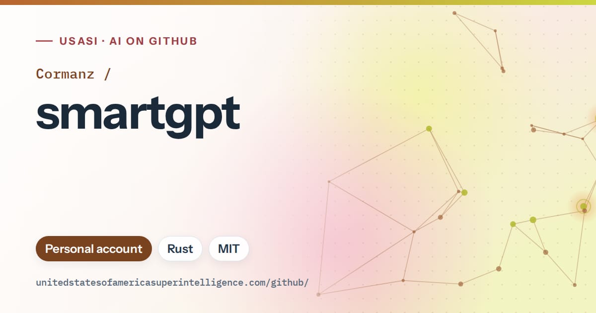 Generated orange constellation network artwork for Cormanz/smartgpt, labeled USASI · AI on GitHub, with Personal account · Rust · MIT.