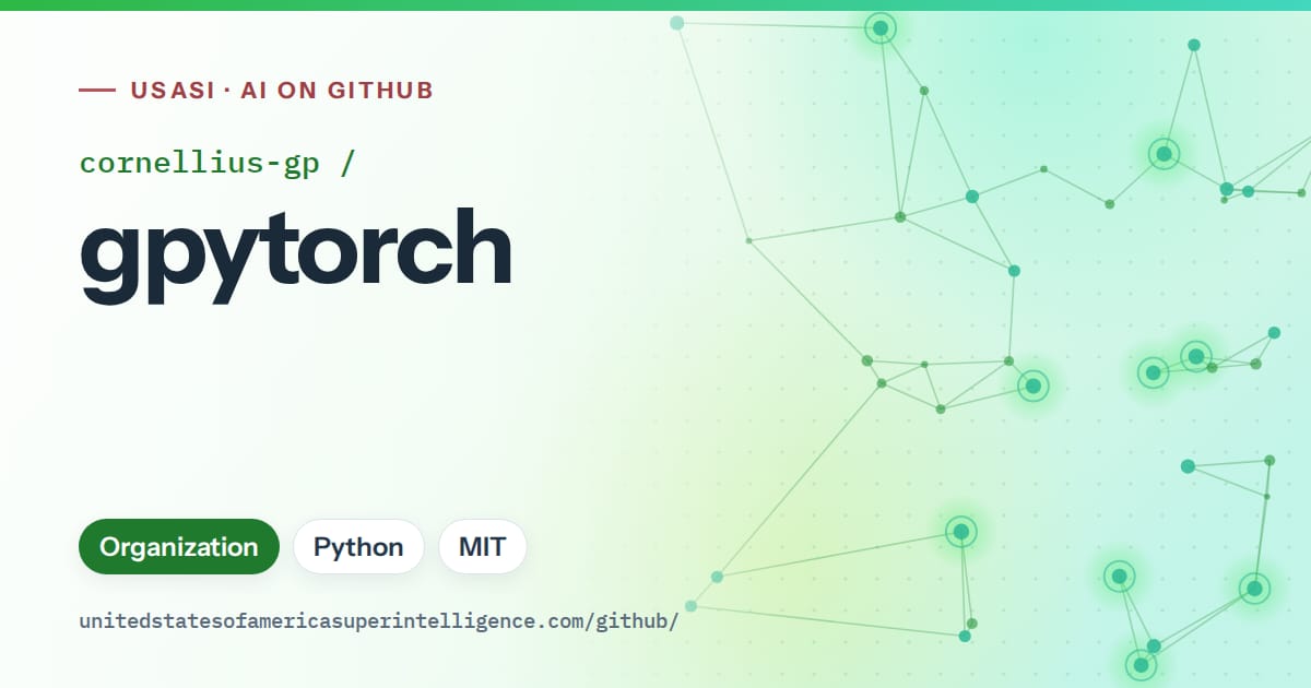 Generated green constellation network artwork for cornellius-gp/gpytorch, labeled USASI · AI on GitHub, with Organization · Python · MIT.