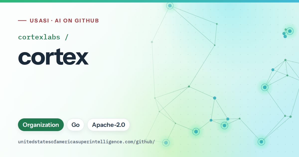 Generated teal constellation network artwork for cortexlabs/cortex, labeled USASI · AI on GitHub, with Organization · Go · Apache-2.0.