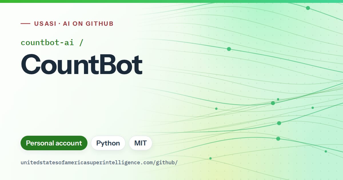 Generated green flowing-wave artwork for countbot-ai/CountBot, labeled USASI · AI on GitHub, with Personal account · Python · MIT.
