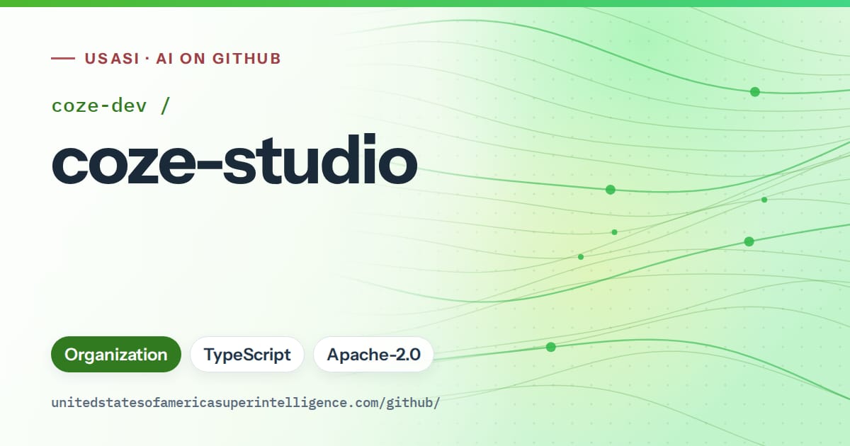 Generated green flowing-wave artwork for coze-dev/coze-studio, labeled USASI · AI on GitHub, with Organization · TypeScript · Apache-2.0.