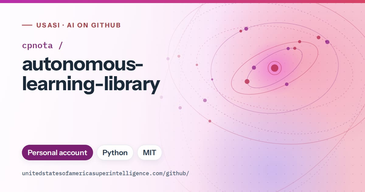Generated purple orbit artwork for cpnota/autonomous-learning-library, labeled USASI · AI on GitHub, with Personal account · Python · MIT.