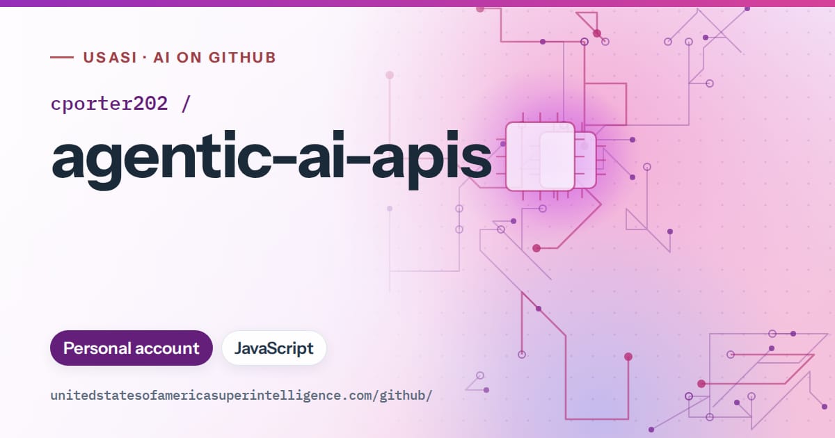 Generated purple circuit-trace artwork for cporter202/agentic-ai-apis, labeled USASI · AI on GitHub, with Personal account · JavaScript.