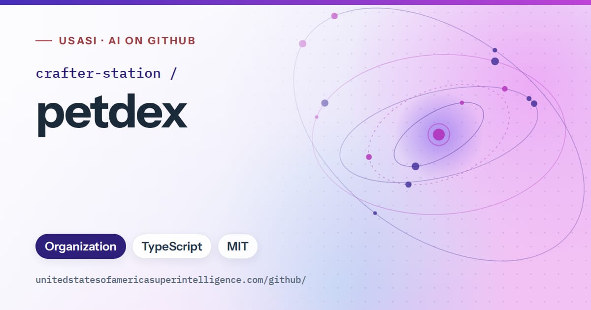 Generated violet orbit artwork for crafter-station/petdex, labeled USASI · AI on GitHub, with Organization · TypeScript · MIT.