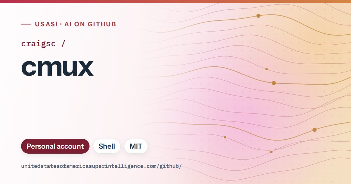 Generated red flowing-wave artwork for craigsc/cmux, labeled USASI · AI on GitHub, with Personal account · Shell · MIT.