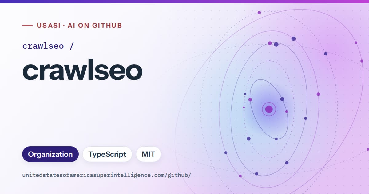 Generated violet orbit artwork for crawlseo/crawlseo, labeled USASI · AI on GitHub, with Organization · TypeScript · MIT.